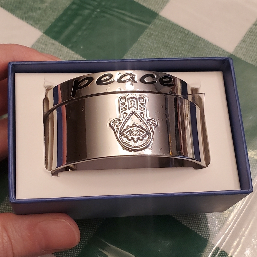 Inspired Life 2-piece Bangle Bracelet Set HAMSA HAND & PEACE Silver Open Cuff
